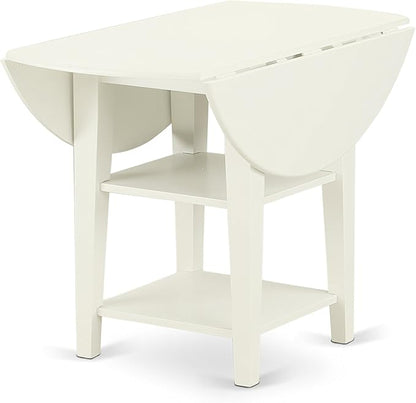 East West Furniture SUDA5-LWH-C 5 Piece Kitchen Table Set for 4 Includes a Round Dining Room Table with Dropleaf & Shelves and 4 Linen Fabric Upholstered Chairs, 42x42 Inch, Linen White
