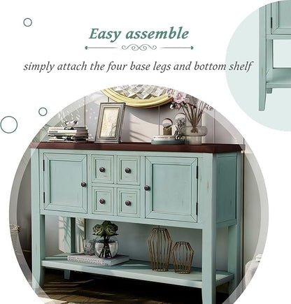 Merax Wood Farmhouse Buffet Sideboard Table with Drawers and Bottom Shelf Console Table for Living Room Dinning Room Kitchen (Retro Blue)