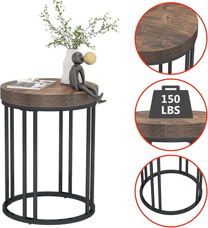 LITTLE TREE Round End Table, Industrial Side Table Small Accent Table, Metal Circle C Table Bed Side Table for Living Room Sofa Side Couch, Bedroom, Easy Assembly, Space Saving (Brown, 1PC)