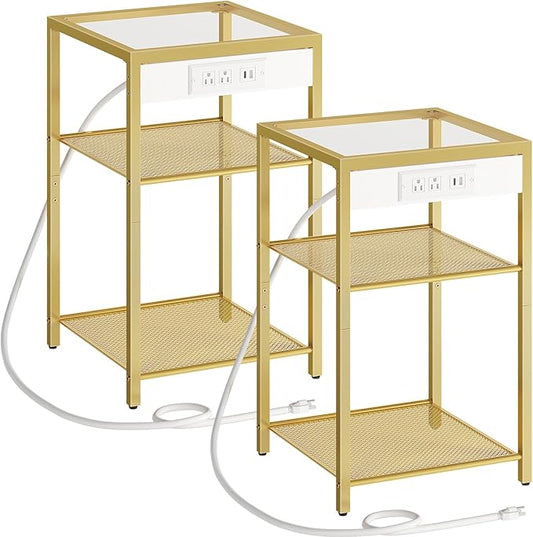 HOOBRO End Tables Set of 2 with Charging Station, Side Tables with USB Ports & Power Outlets, 3-Tier Slim Nightstands with Storage Shelves, Tempered Glass, for Living Room, Bedroom, Gold GD77UBZP201