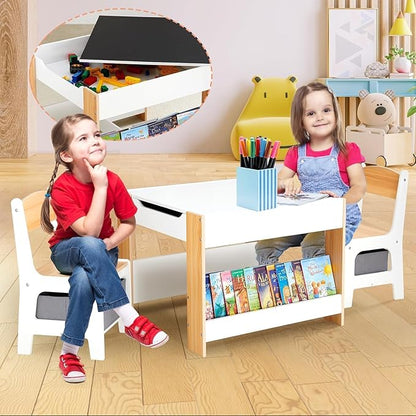 Asweets Kids Table and Chair Set,4 in 1 Toddler Desk with Storage Drawer,Wooden Activity Table for 2 in 1 Detachable Tabletop,Bookshelf,Suitable for Classroom,Home,Nursery,Playroom (Ivory White)