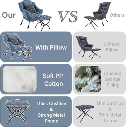 Lazy Chair with Ottoman, Comfy Reading Chair with Footstool & Throw Pillow Modern Lounge Accent Chair with Armrests & Side Pocket for Living Room, Bedroom, Dorm Room, Office