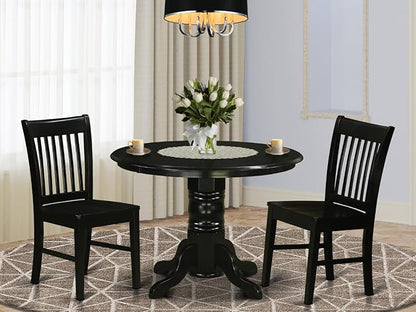 East West Furniture SHNO3-BLK-W 3 Piece Dining Room Furniture Set Contains a Round Dining Table with Pedestal and 2 Wood Seat Chairs, 42x42 Inch, Black