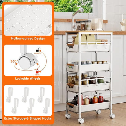5-Tier Slim Storage Cart, Wooden Top Rolling Kitchen Cart with Pull-Out Baskets & Wheels, Narrow Space Utility Cart Slide Out Organizer for Kitchen, Bathroom, Laundry Room, White