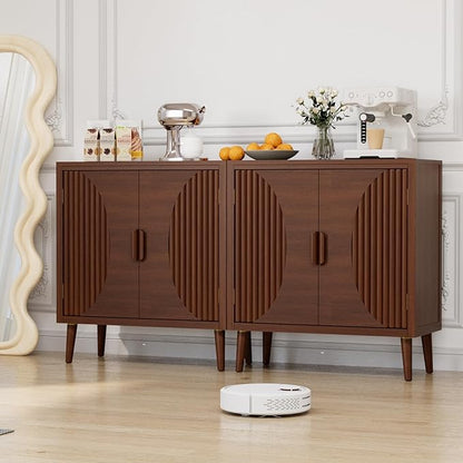 COSIEST 30" W Storage Cabinet with Doors and Shelves, Mid-Century Cabinet with Adjustable Shelf, Accent Sideboard for Kitchen, Dining Room, Living Room, or Hallway (Brown, Line Pattern)