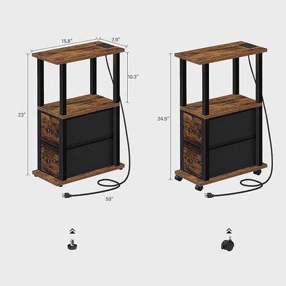 TUTOTAK Small Narrow End Tables, Side Tables with 2 Fabric Drawers, Set of 2, Bedside Tables with Charging Station for Small Spaces, Slim Nightstands with USB Ports and Wheels, TB01BB053C