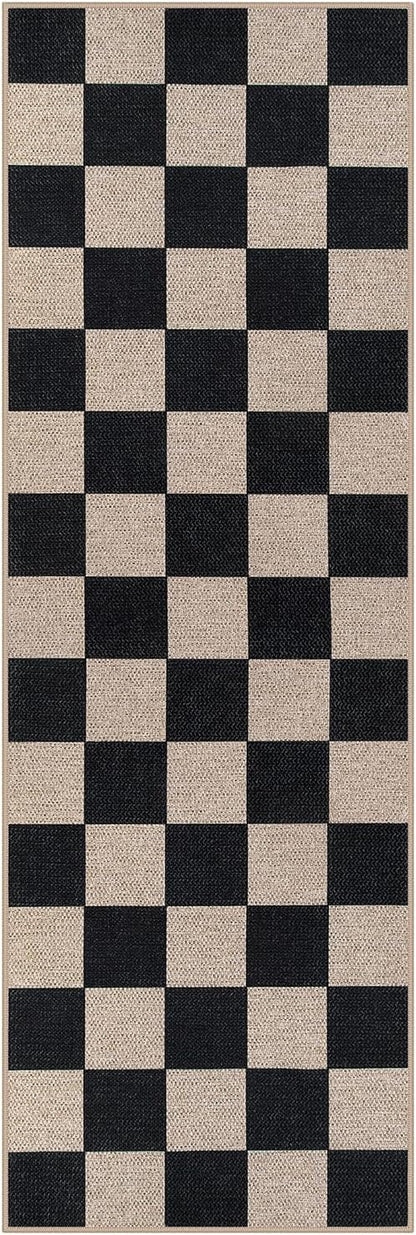 Lahome Checkered Easy Jute Runner Rug, 2x6 Kitchen Runner Rug Non Slip Washable Outdoor Carpet for Entryway Indoor, Checkerboard Black Indoor Outdoor Carpet Runners for Hallway 6ft Entry