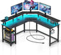 Rolanstar L Shaped Gaming Desk with LED Lights & Power Outlets, 53" Computer Desk with Full Monitor Stand & Storage Shelf, Corner Desk with Hooks, Black Desk Reversible