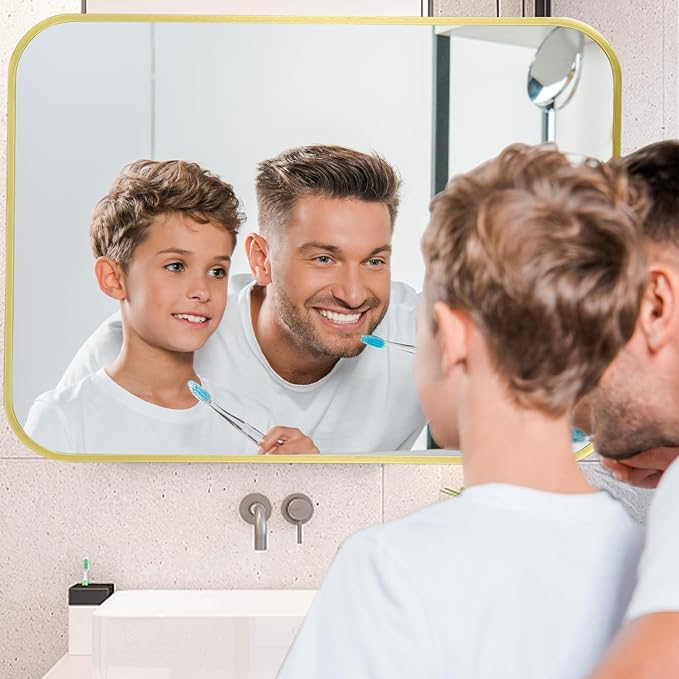 30x36 Inch Gold Mirror, Framed Rectangle Mirror with Rounded Corner, Brushed Brass Mirror, Gold Bathroom Mirror for Over Sink, Vanity, Living Room, Bedroom, Horizontal/Vertical