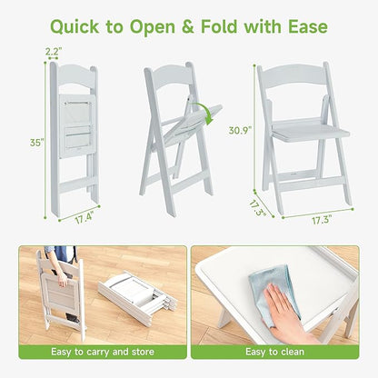 Real Relax Resin Folding Chairs, 4 Sets, White Patio Chairs with PVC Padded Seats 330LB Capacity for Camping, Banquets, Weddings, Church and Events