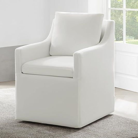 Upholstered Dining Chairs with Casters Washable Cover Side Deskchair with Rollers for Diningroom, Living Room, Cream, 1 Box