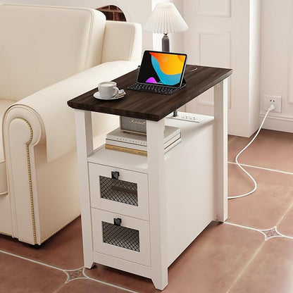 Farmhouse XXL End Table with Charging Station, Narrow Side Table with USB Ports and Outlets, Nightstand with 2 Drawers Storage, Bedside Tables for Living Room, Bedroom, Rustic Walnut White