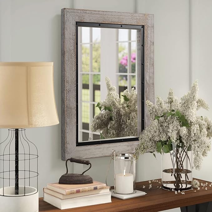 YOSHOOT Rustic Wooden Framed Wall Mirror, Natural Wood and Iron Bathroom Vanity Mirror for Farmhouse Decor, Vertical or Horizontal Hanging, 60" x 36", Grey