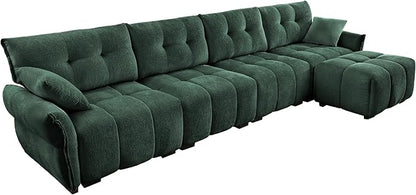 Modern Chenille Fabric 4-Seat Sofa w/Ottoman+2 Pillows, Premium Upholstery Living Room Couch with Tufted Backrest & Comfortable Armrests and High-Resilience Memory Foam Cushions,Green