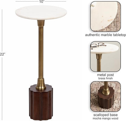 Kate and Laurel Nisha Traditional Marble Round Drink Table, 10 x 10 x 22, White Marble, Antique Brass, and Dark Brown, Vintage Mango Wood Circle Mini Table for Use as Plant Stand or Living Room Decor