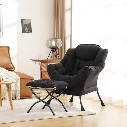 Cozy Lazy Chair and Ottoman, Large Contemporary Accent Lounge Chair Set, Leisure Upholstered Reading Armchair for Bedroom, Living Room, Dorm Rooms, Office