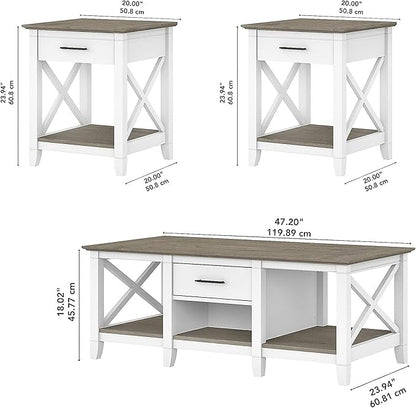Bush Furniture Key West Coffee Table with Set of 2 End Tables in Pure White and Shiplap Gray