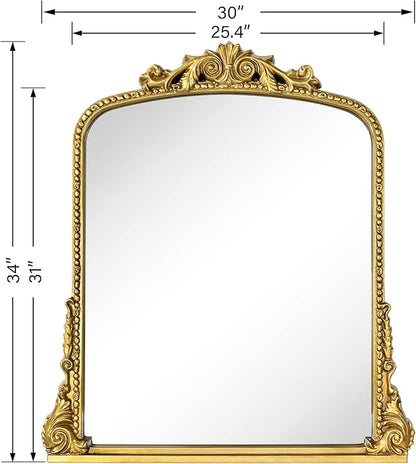 Antique Gold Ornate Mirror Arched Mantel Mirror Baroque Inspired Ornate Dresser Mirror, 30x34
