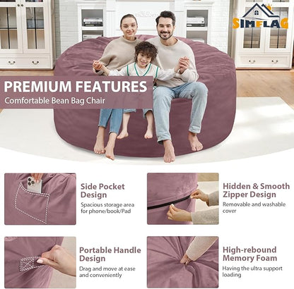 5FT Bean Bag Chair, Large Bean Bag Chairs with Memory Foam Filled, Fluffy Beanbag Sofa with Dutch Velvet Cover, Round BeanBag Chairs for Living Room, Playroom - Dusty Pink