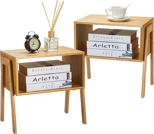 Pipishell Bamboo Stackable End Tables, Wood Living Room Nightstand, Bedside Tables for Bedroom Storage, Set of 2