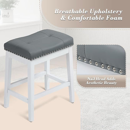 Athena Collection Bar Stools Set of 2, 25 Inches Counter Height Bar Stools Backless with Footrest, Leather Upholstered Saddle Barstools with Nailhead Trim for Kitchen Island, Counter, Grey White