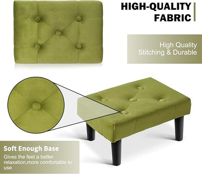HOUCHICS Small Footstool Ottoman,Velvet Soft Footrest Ottoman with Wood Legs,Sofa Footrest Extra Seating for Living Room Entryway Office(Green 2PACK)