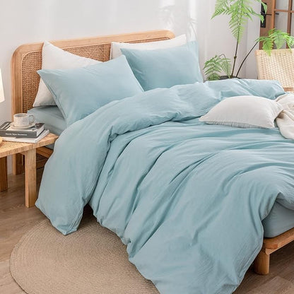 BESTOUCH Duvet Cover Set 100% Washed Cotton Linen Feel Super Soft Comfortable Chic Lightweight 3 PCs Home Bedding Set Solid Hushed Green King