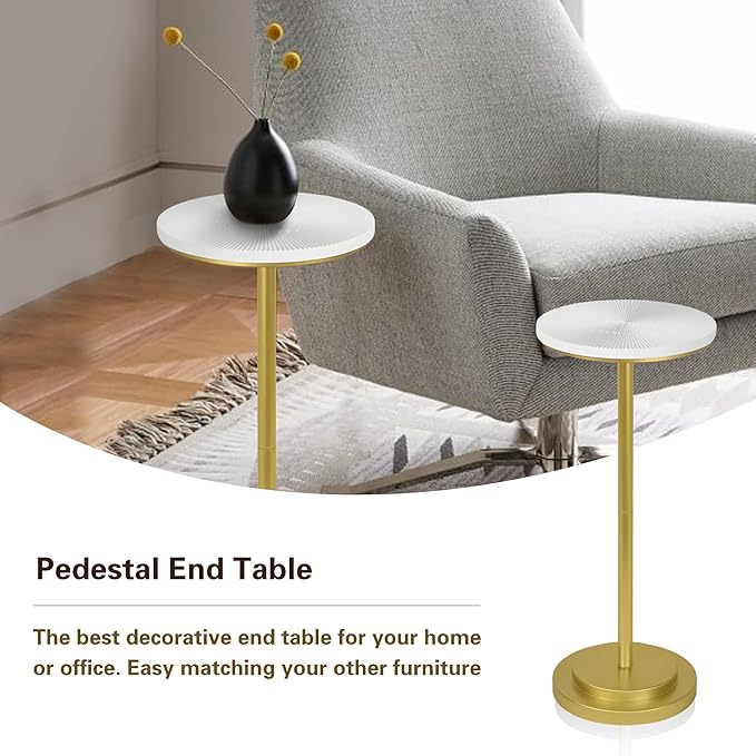 Drink Table, Carved Table Top Small Pdestal Martini SideTable for Living Room, Bedroom, Modern, Weighted Base, White and Gold