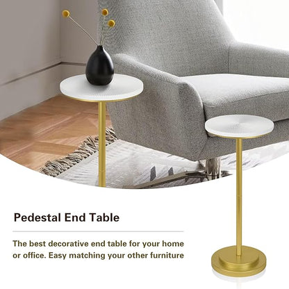 Drink Table, Carved Table Top Small Pdestal Martini SideTable for Living Room, Bedroom, Modern, Weighted Base, White and Gold