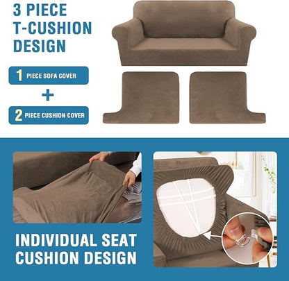 H.VERSAILTEX Sofa Cover 3 Piece T Cushion Sofa Slipcovers Thick Velvet Couch Cover Stretch T Cushion Sofa Covers for 2 Cushion Couch with 2 Individual T Cushion Covers, Mocha