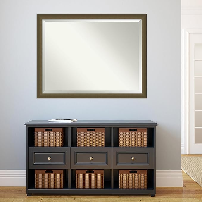 Amanti Art Bronze Bathroom Mirror for Over Sink, 34x44 Blaine Light Bronze Narrow Rectangle Vanity Mirror, X-Large Modern Contemporary Frame, Hangs Horizonally and Vertically, Bathroom Wall Decor