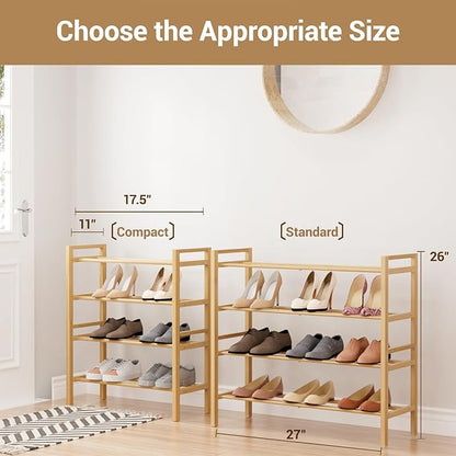 Haddockway Bamboo Shoe Rack for Closet, Free Standing Shoe Organizer with Smooth Round Rods & Convenient Handles, Stackable Shoe Storage Shelf for Entryway, Hallway(Natural, 4-Tier(Small))