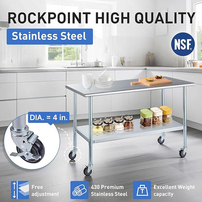ROCKPOINT Stainless Steel Table for Prep & Work with Caster Wheels 24x72 Inches, NSF Metal Commercial Kitchen Heavy Duty Table with Adjustable Under Shelf and Table Foot for Restaurant, Home and Hotel