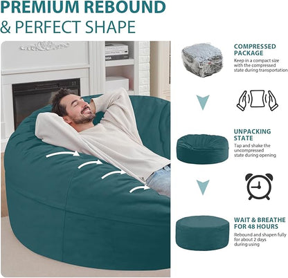 6FT Bean Bag Chair, Large Bean Bag Chairs with Memory Foam Filled, Fluffy Beanbag Sofa with Dutch Velvet Cover, Round BeanBag Chairs for Living Room, Playroom - Sea Blue