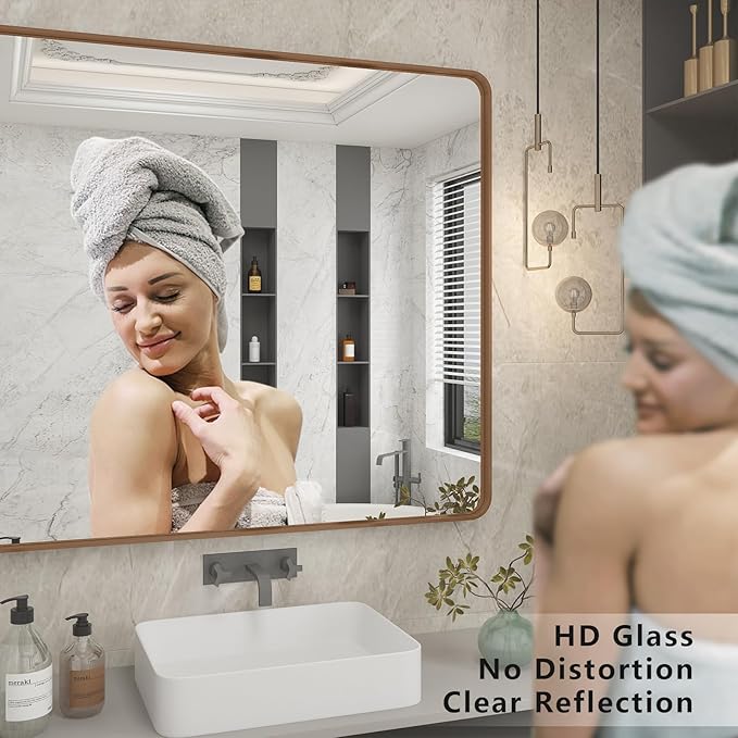 48x30 Inch Gold Bathroom Mirror for Wall, Brushed Brass Metal Framed Gold Vanity Mirror, Rounded Rectangle Golden Mirror, Shatterproof, Anti-Rust (Horizontal/Vertical)