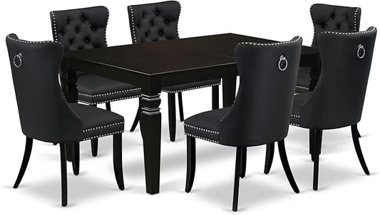 East West Furniture LGDA7-BLK-12 7 Piece Dinette Set Contains a Rectangle Kitchen Table with Butterfly Leaf and 6 Polyester Fabric Parson Dining Chairs, 42x84 Inch, Black