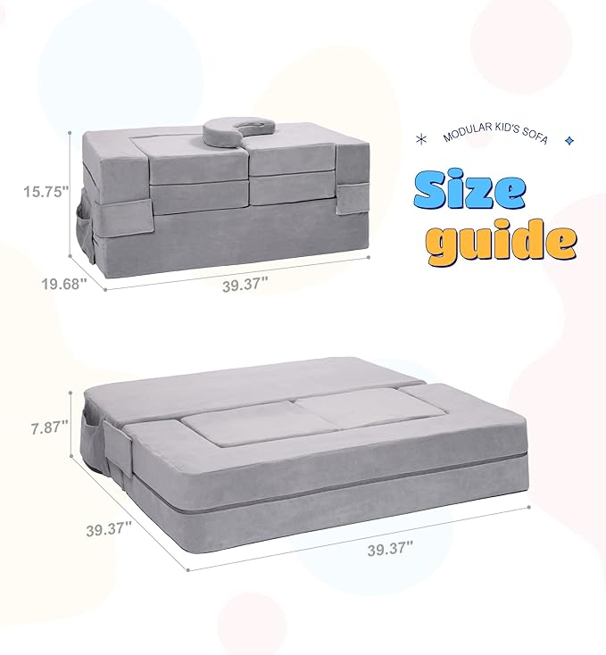 Modular Kids Sofa,Toddler Couch Foam Armchair for Kids, Children Convertible Plush Sofa Play Set,Fold Out SofaBed(Grey)