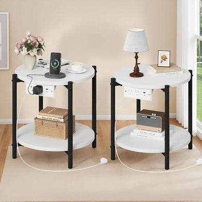 LIKIMIO Small Round End Tables Set of 2 with Charging Station, 2-Tier Wooden Side Tables, 15.8" W Modern Nightstands for Small Spaces, Living Room, Bedroom, White