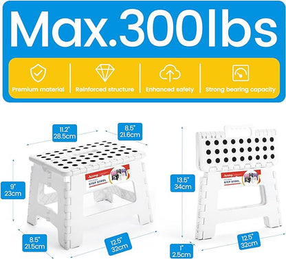 ACSTEP Folding Stool - Portable, Collapsible Plastic Step Stool, 9 Inch, Non Slip, Foldable, for Kitchen, Bathroom, Bedroom (White)