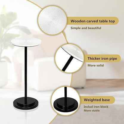 Drink Table Set of 2, Weighted Base Pedestal Table, Martini Table,Small Side Table with Wooden Carved Table Top for Living Room, Bedroom, Modern, White and Black