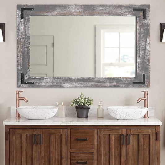 YOSHOOT Rustic Wooden Framed Wall Mirror, 48"x30", Natural Wood Bathroom Vanity Mirror for Farmhouse Decor, Vertical or Horizontal Hanging
