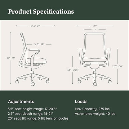 Branch Verve Chair - High Performance Executive Office Chair with Contoured Seat Back and Adjustable Lumbar Rest - High Density Foam Cushion with Aluminum Base - Up to 275 lbs - Cobalt