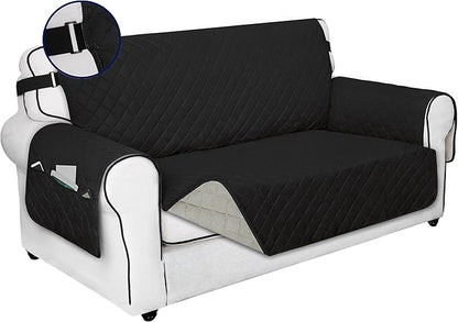 PureFit Reversible Sofa Cover Water Resistant Loveseat Couch Cover, Machine Washable Furniture Cover with Non-Slip Foam and Adjustable Strap for Dogs, Pets (Loveseat, Black/Beige)