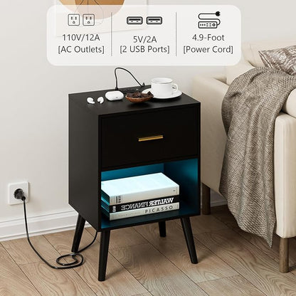 Nightstand with Charging Station and LED Lights, Small Side Table, Bedside Table with Drawer, Modern Night Stand, End Table for Bedroom, Living Room (Black)