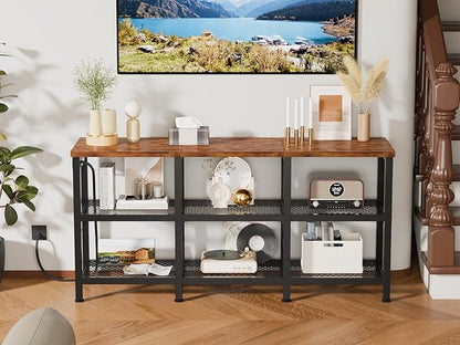 Furologee TV Stand with Power Outlets, Small Entertainment Center with Open Storage Shelves, Media Console Center for TVs up to 50 Inch, Television Stands for Living Room/Bedroom, Rustic Brown