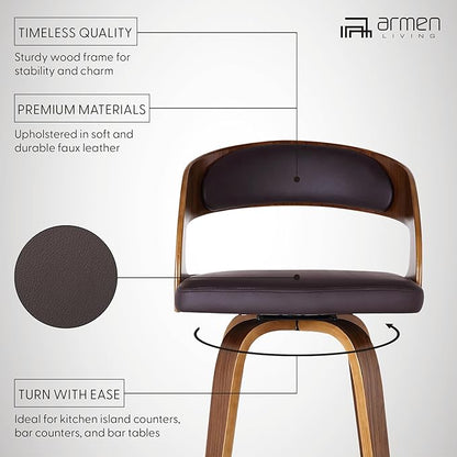 Armen Living Shelly 30" Bar Height Swivel Brown Faux Leather and Walnut Wood Bar Stool - Set of 2
