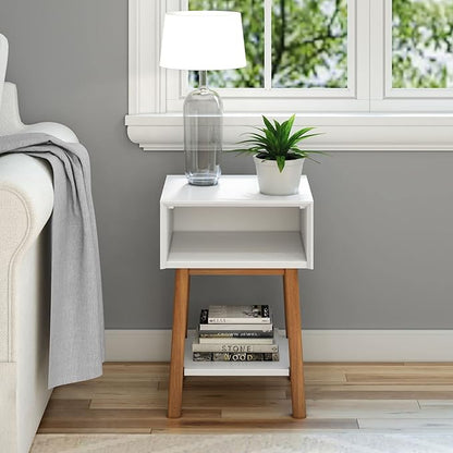Plank+Beam Wooden Side Table with Cubby Storage Shelf, Mid Century Modern End Tables for Living Room, Small Solid Wood Nightstand, Bedside Tables, Bedroom Furniture, White/Pecan