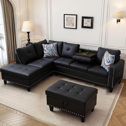 L Shaped Sectional Couch with Cup Holders, 97" Sectional Sofa for Living Room Modular Couches with Otttoman for Bedroom, Apartments