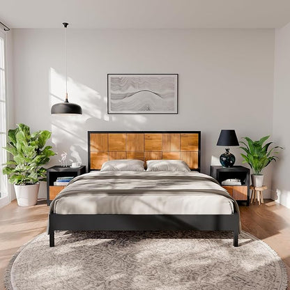 Bme Madia King Size Bed Frame and Headboard, Sophisticated Mid-Century Style with Fluted Pattern, 800lbs Weight Support, Crafted from Durable Acacia Wood Slats, Simple Assembly, Sleek Black Finish