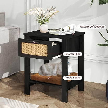 IBUYKE Rattan Nightstand, Boho Night Stand with Drawer, Wood Bedside Tables with Storage Shelf, End Table with Legs for Bedroom, Black UWNS011B